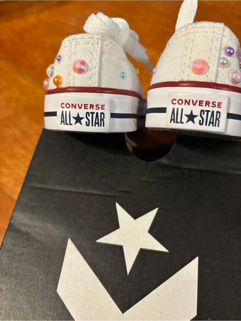 Converse Kids White Canvas Sneakers with Iridescent Rhinestone Toes